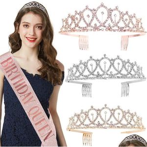 Autres fournitures de fête festive Anniversaire Queen Girl Party Décoration Rose Gold Satin Sash Crystal Crown Tiara Joyeux anniversaire Supplie Dhlag