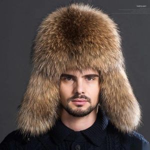 Berets Fur Hats Men Real Raccoon Lei Feng Cap For Russian Natural Silver Bomber With Leather Tops Winter Warm Hat