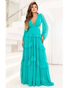 Abiti da sera eleganti lunghi in chiffon blu con scollo a V con maniche a-line con pieghe arricciate fino al pavimento Abito da ballo formale per feste da donna