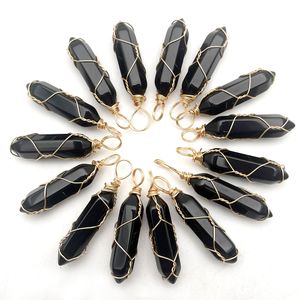 天然石のクリスタルピラーチャームブラックオニキス銅線宝石用のオブシディアンペンダントネックレスイヤリング
