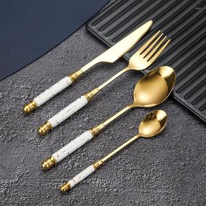 Dinnerware Sets Stainless Steel Gold Cutlery Set With Ceramic Handle High Quality Vintage Luxury European Tableware