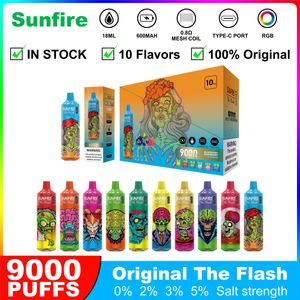 Authentic Sunfire 9000 Puffs 8k 7K Disposable Bar E Cigarette 18ml Pod Mesh Coil 6 RGB 600mAh Gorillas Disposable Vape Device Vapour 0% 2% 5% Hot Selling in Europe/USA/Spain