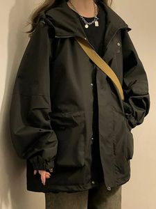 Kvinnors jackor Y2K Kvinnor Techwaer Korean Streetwear Hooded Jacket dragkedja Windbreaker Sweatshirt Overizer Outwear Trench Coats Tops Alt Clothes 231016