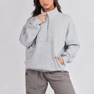 2023 Casual Autumn Winter Women Hoodies Half Zip V-neck Long Sleeve Drop Shoulder Pocket Sports Loose Pullover