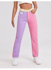 Kadınlar kot pantolon2023 Spring Street Kişilik Şeker Ekleme Kontrast Yüksek Bel Pantolon