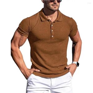 Herrpolos polo skjortor hög stretch is siden stickad rand mens smala kortärmiga toppar tee tshirt lapel undertröja bekväm trulla