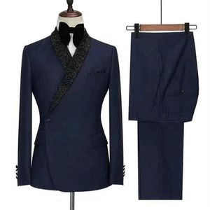 Men's Suits & Blazers Latest Designs Navy Blue Double Breasted Smoking Jacket Shiny Black Shawl Lapel Formal Tuxedos Wedding 223o