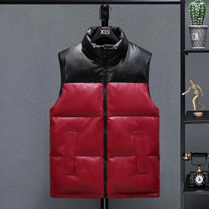 Men's Vests 2023 Fall Winter Fashion PU Leather Vest Coat Mens Down Cotton Waistcoat Women Casual Matching Windproof Warm Sleeveless Jackets