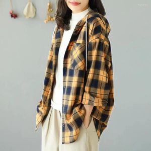 Women's Blouses Spring Autumn Plaid Shirt Women Hooded Button Up Female Ladies Loose Checkered Top For D228