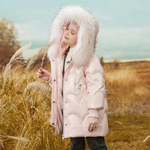 Unten Mantel 2023 Koreanische Kinder Mädchen Winter Parka Dicke Feste Pelz Kragen Lange Jacke Warme Wasserdichte Hoodie Teenager Schneeanzug