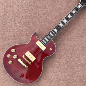 Vänster anpassad elektrisk gitarr, 2 P90 pickups, Flame Maple Top, Transparent Red Color, Rosewood Fingerboard, GRATIS frakt