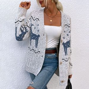 Women's Cardigan long sweater Knitted coat Polyester fabric thick shoulder loose version long sleeve Christmas elk pattern S M L code pink grey beige white