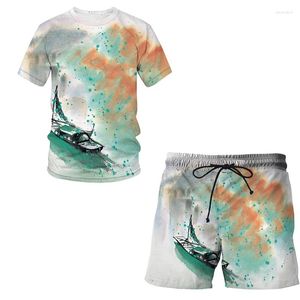 Männer Trainingsanzüge 3D T Shirt Set Drucken Chinesische Pinsel Malerei Muster Kleidung Outdoor Freizeit Kurzarm Shorts 2 Stück