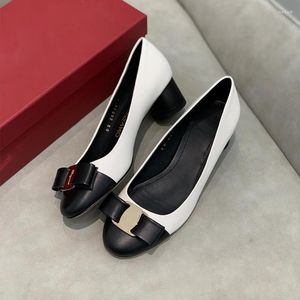 Dress Shoes 2023 Top Quality Genuine Leather 3.5cm High Heels Women's Pumps Bow Accessories Round Head Wedding