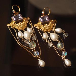 Dangle Earrings Niche Retro Pendant Jewel Crystal Relief Long Fringe Qingdao Medieval Jewelry