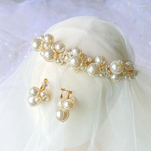 Hårklipp mode pärlor tiara brud krona guld färg bröllop bit smycken handgjorda kvinnor hårband tillbehör