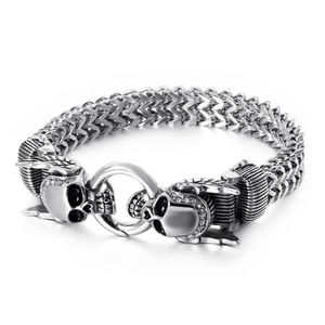 XMAS Gifts Crystals 316L Stainless steel casting Figaro lINK Chain bracelet double Skull End bangle bracelet mens boy jewelry silv275Q