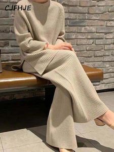 Women's Two Piece Pants CJFHJE Knitted Sweater Suit Women Elegant Solid O-Neck Pullovers Wide Leg Lady Winter Soft 2 Set Homewear