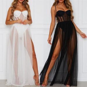 Sıradan Elbiseler Yaz Kadınlar Mesh Gezçe Uzun Elbise Seksi Strappy Rompers Sundress Tek Parça Perspektif Sırtsız Sırtsız Banyo 253x