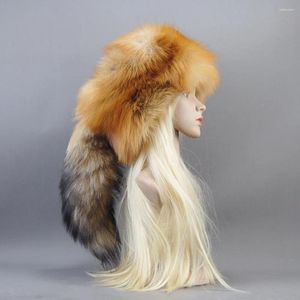 Berets Thickened Snow Outdoor Russian Style Winter Cap For Women Handmade Warm Fluffy Female Natural Fur Tail Ushanka Hat