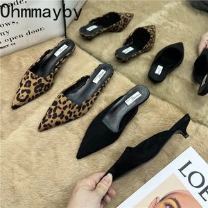 Chinelos primavera apontou toe mules moda leopardo impressão mulheres chinelos casuais sapatos femininos mulheres saltos baixos elegantes senhoras ao ar livre slide 231016