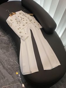 2023 Autumn White Solid Color Rhinestone Two Piece Pants Sets Long Sleeve Round Neck Beaded Coat Flare Trousers Pants Suits Set Two Piece Suits O3G142685