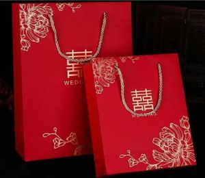 100pcs Chinese style Red Double Happiness Paper gift bags for Wedding Packaging Bag with Handle Party Favors