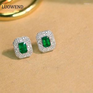 Studörhängen Luowend Real 18K White Gold Women Engagement Diamond Earring Natural Emerald Jewelry