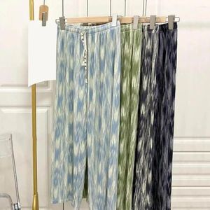 Calças femininas primavera verão perna larga cintura alta plissada drape impresso calças tie-dye esfregando mulher casual