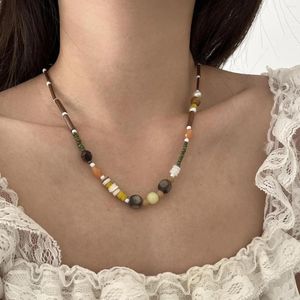 Anhänger Halsketten Handgemachte Vintage Bunte Unregelmäßige Geometrische Perlen Kette Choker Halskette Für Frauen Unisex Koreanische Holz Mode Schmuck