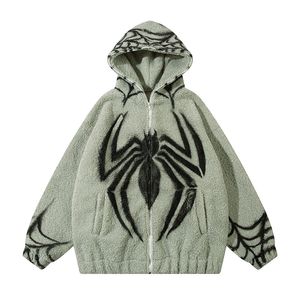 Hip hop kabarık kapüşonlu ceket sokak kıyafeti örümcek yazdırma tam fermuarlı oyuncak katlar 2023 harajuku kalın sıcak bulanık polar ceketler
