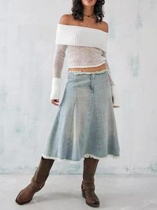 Kvinnors T-skjortor Fashion Womens Knit Crop Tops Off Axel Solid Color Long Sleeve T-shirts Cropped tröja Skinvänlig