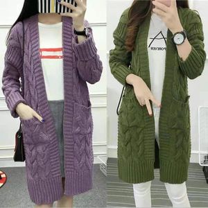 Kadın Sweaters Sonbahar Kış uzunluğu hırkaları kadın kazak gündelik açık dikiş örme femme cepleri bükülme hırka ceket