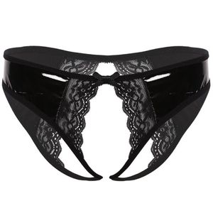 Donna Femme con apertura sul cavallo BuHole Sissy Mutandine in pelle Crotchless Lace Cheeky Hipster Slip Lingerie esotica Intimo da donna288e