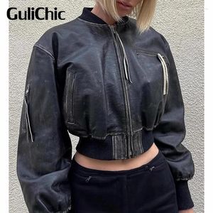 Women's Leather 9.18 GuliChic Women Street Vintage Distressed Washed Spliced Ribbed Zipper Cow Short Jacket