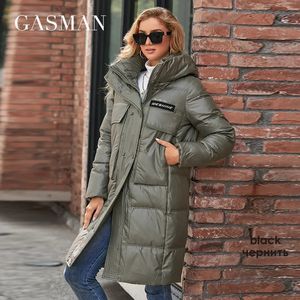 Mulheres para baixo parkas gasman inverno para baixo jaqueta feminina quente longo clássico zíper cinto design bolso com capuz fino parkas casaco feminino mg81037 231016