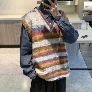 Men's Vests Autumn O-neck Knitted Vest College Outerwear Causal Loose High Street Sleeveless Sweaters Waistcoat Male Clothes