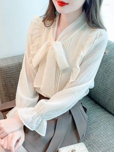 Women's Blouses Ruffled Apricot For Women 2023 Autumn Design Sense Niche Bottoming Long Sleeve Shirt Underwear Top Bow Tie