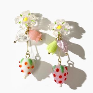 Dangle Earrings Peri'sbox Cute Resin Floral Love Heart Strawberry For Women Kawaii Gold Plated Fruit Food Jewelry Gifts