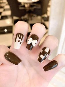 False Nails Handmade Bow Checkerboard Medium Coffin Brown Manual Press On Nail Reusable Full Cover Professional Manicure Autumn