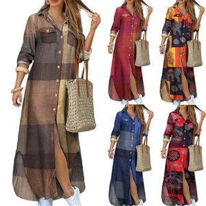 GRID SHIRT KLÄNNING Kvinnor Långärmad fickor Knappar Party Beach Maxi Shirt Dress Ropa Mujer Talla Grande Maxi Dresses for Women X07254D