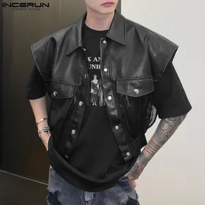 Men's Vests INCERUN Tops 2023 Korean Style PU Leather Fabric Splicing See-through Casual Striped Chiffon Short-style S-5XL