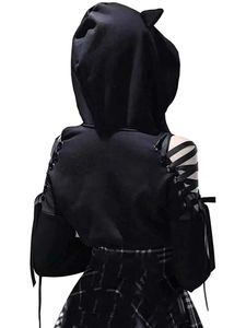 Women s Oversized Hoodie Long Sleeve Lace Up Off Shoulder Cat Ear Cropped Top Gothic Pullover Sweatshirt 230915