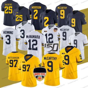 Michigan Wolverines Camisa de Futebol 2 Charles Woodson 12 Mcnamara Tom Brady Sainristil Mccarthy Haskins 97 Aidan Hutchinson 21 Desmond Howard Marinha Branco Amarelo