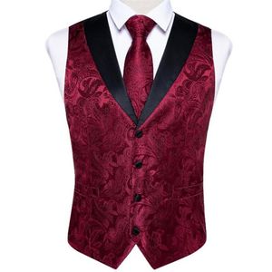 Coletes masculinos Mens Terno Colete Gravata Conjunto Vermelho Seda Bussiness Vestido de Festa de Casamento Gravata Hankerchief Abotoaduras Homme Casual Sleevess262f