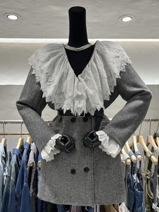 Kvinnors jackor vintage spets ruffle krage woolblends coat lady höst vinterkläder lång ärm