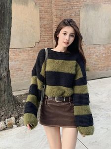 Women's Sweaters Autumn Slash Neck Knitted Mohair Wool Patched Stripe Pattern Sweater Tops Short Jumpers