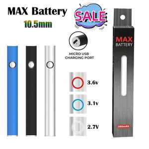 Shenzhen Vape Authentic Max Battery 10.5mm直径カートリッジバッテリーUSBパススルー350MAH予熱電圧VVベイプペン510カートファクトリーダイレクト