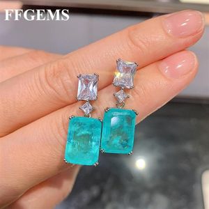 Baumelnder Kronleuchter FFGems Brasilianischer Paraiba-Smaragd-Turmalin-Silberohrring mit blauem Stein, quadratisch, für Damen, edler Schmuck Wh290w