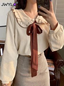 Kadınlar Blouses gömlekler bahar sonbahar kadife kawaii bow peter pan yaka vintage sevimli uzun kollu kadın giyim tüm eşleşen tatlı 231016